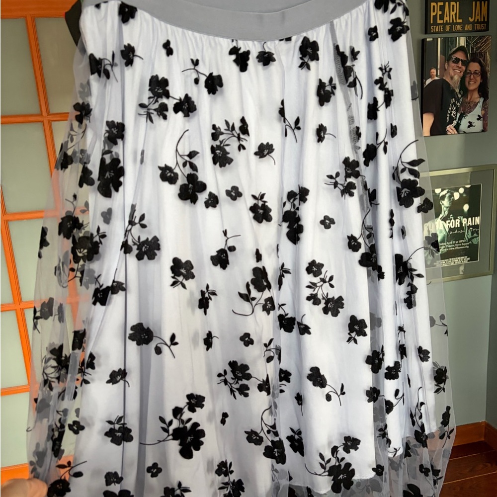 Women’s Light Blue Mesh Skirt with Black Floral Appliqué